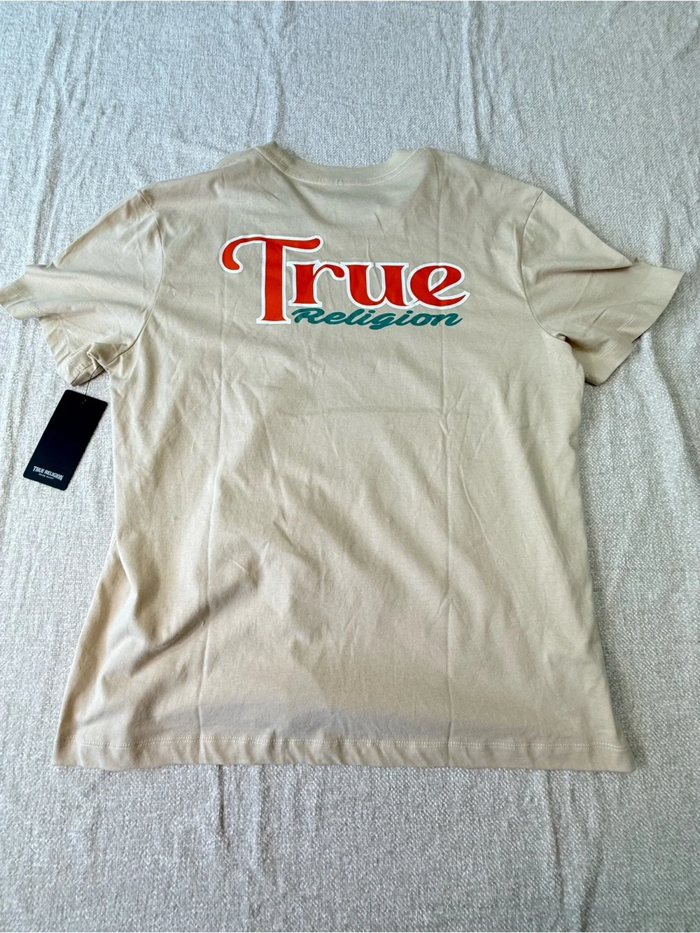 True Religion Cream Short-Sleeve Tee with Teal '02' and Orange Patch